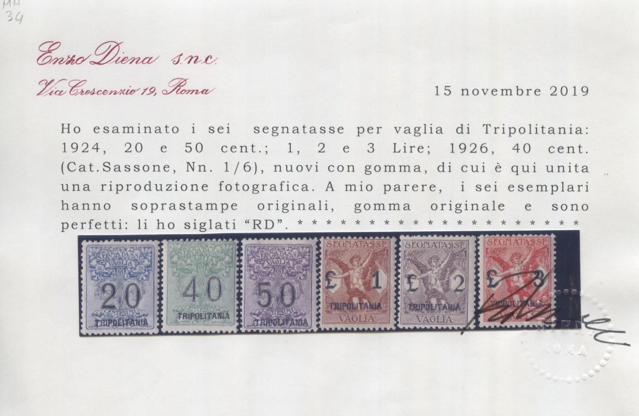 Scansione lotto: COLONIE TRIPOLITANIA 1924 VAGLIA N.1/6 CENT. 3 *  CERT.