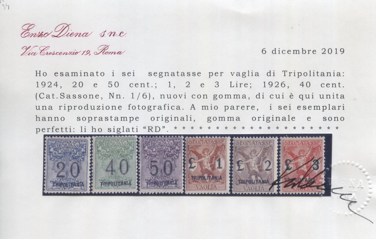 Scansione lotto: COLONIE TRIPOLITANIA 1924 VAGLIA N.1/6 2 *  CERT.