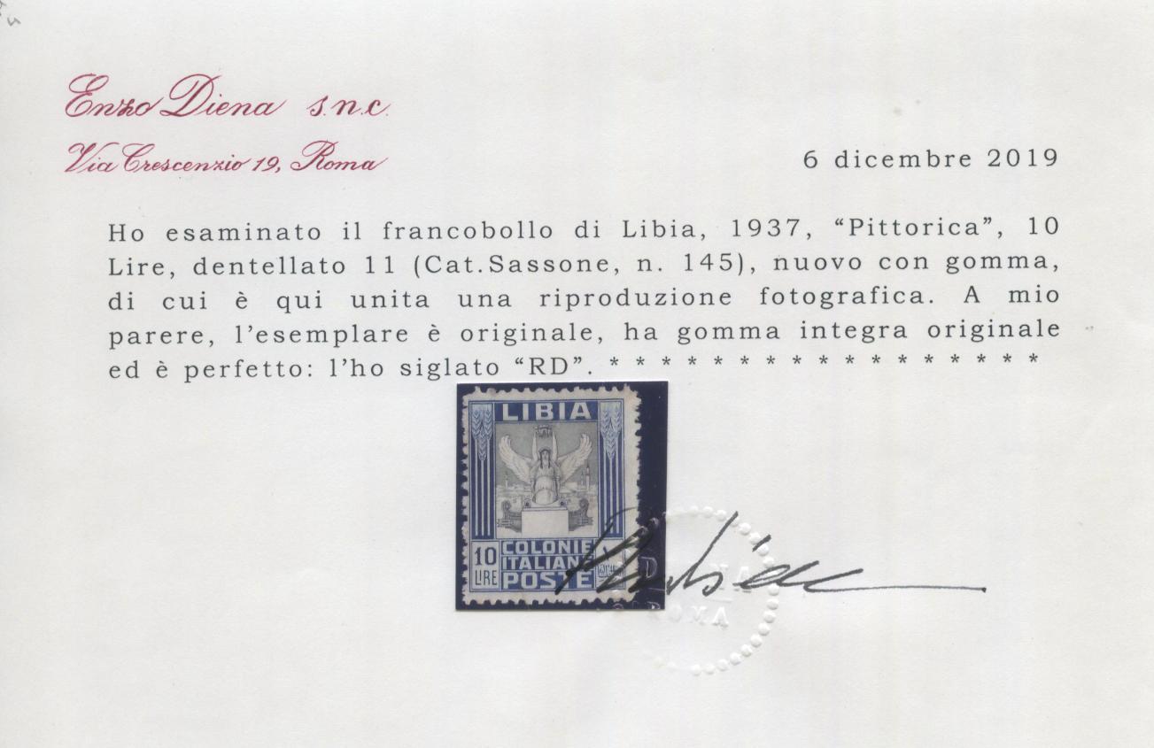 Scansione lotto: COLONIE LIBIA 1937 PITTORICA L.10 ** CERT.