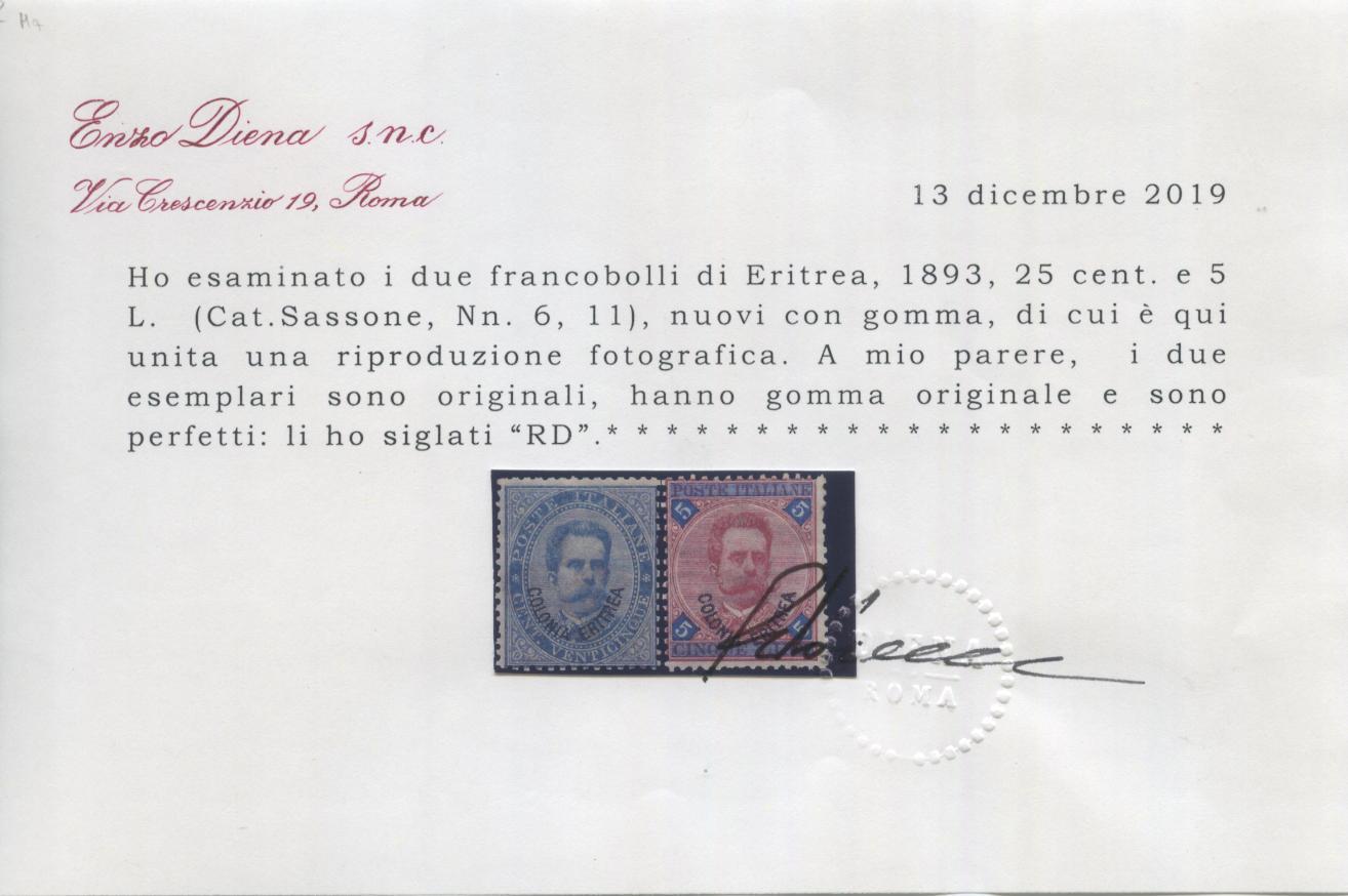 Scansione lotto: COLONIE ERITREA 1893 SOVR. 11V. 2 * CENTRATO CERT.