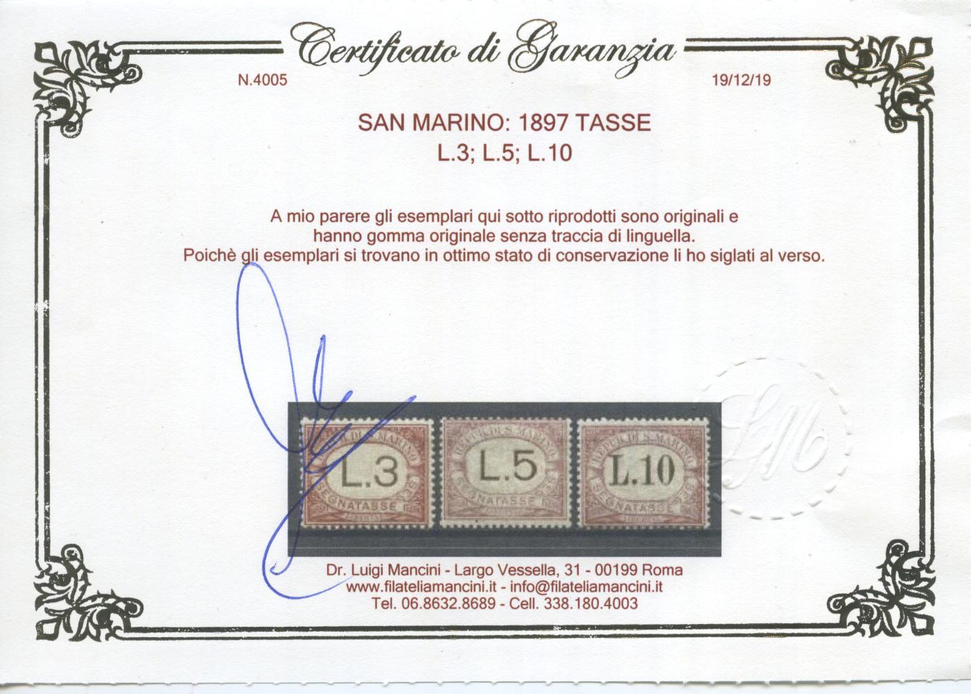 Scansione lotto: SAN MARINO 1897 TASSE 9V. 3 ** LUSSO CERT.