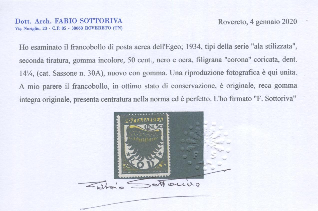 Scansione lotto: COLONIE EGEO 1934 ALA N.30A **  CERT.