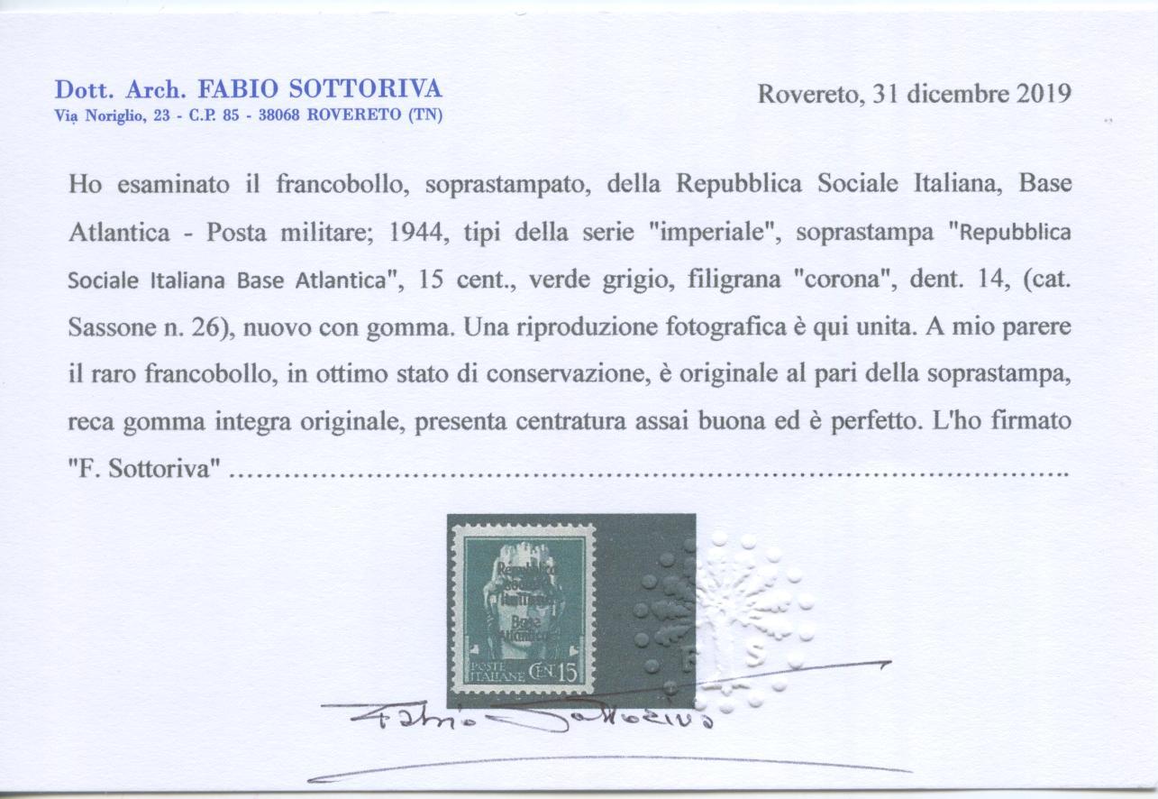 Scansione lotto: ITALIA EMISSIONI LOC 1944 BASE ATLANTICA N.26 **  CERT.