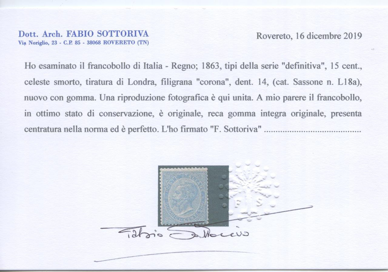 Scansione lotto: REGNO 1863 15C. CELESTE CHIARO 2 **  CERT.