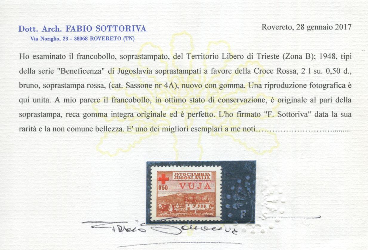 Scansione lotto: TRIESTE 1948 ZONA B  CROCE ROSSA N.4A ** LUSSO CERT.