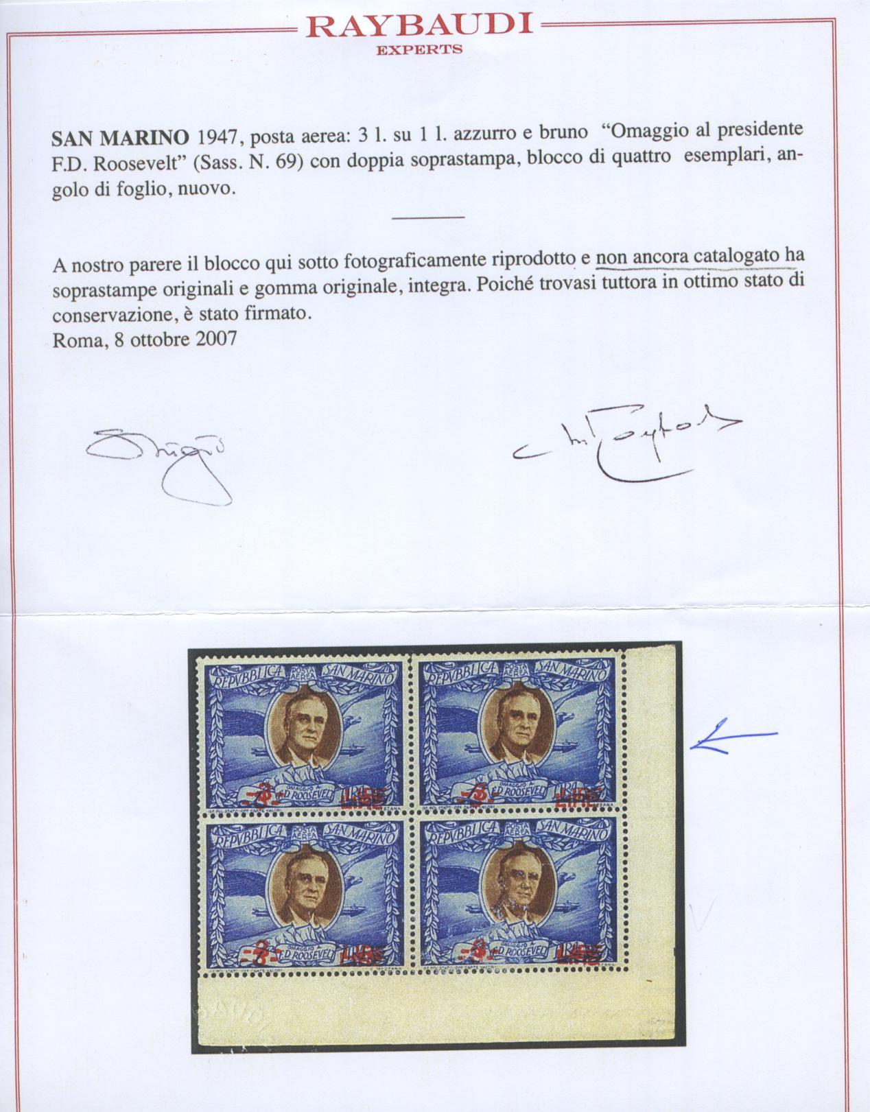 Scansione lotto: SAN MARINO 1947 ROOSEVELT N.69 VARIETA' 2 **  CERT.