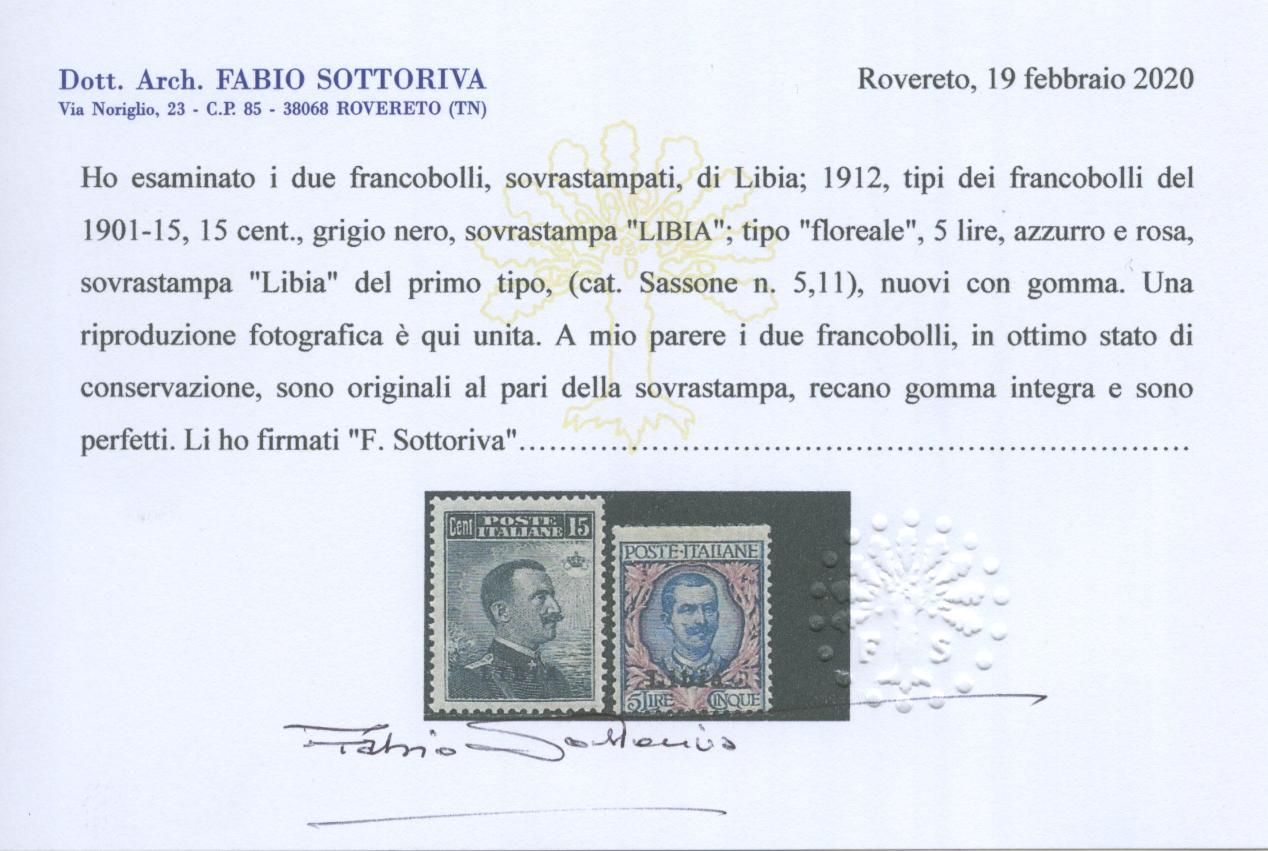 Scansione lotto: COLONIE LIBIA 1912/5 SOVR. 12V. 2 **  CERT.