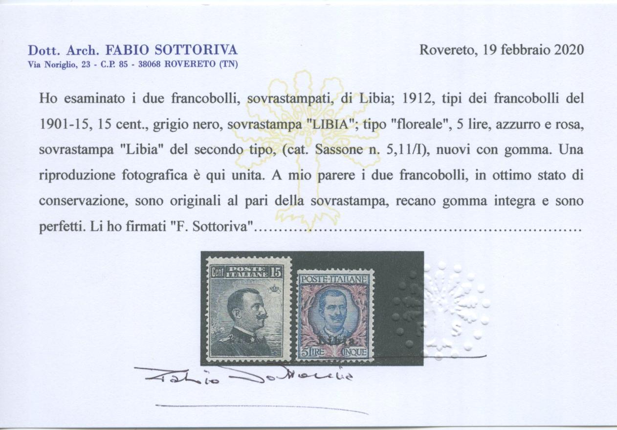 Scansione lotto: COLONIE LIBIA 1912/5 SOVR. 12V. 3 ** CENTRATO CERT.