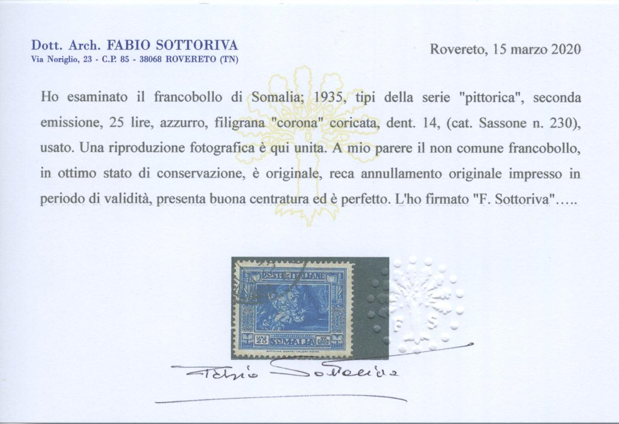 Scansione lotto: COLONIE SOMALIA 1935/8 PITTORICA L.25 LUX US.  CERT.