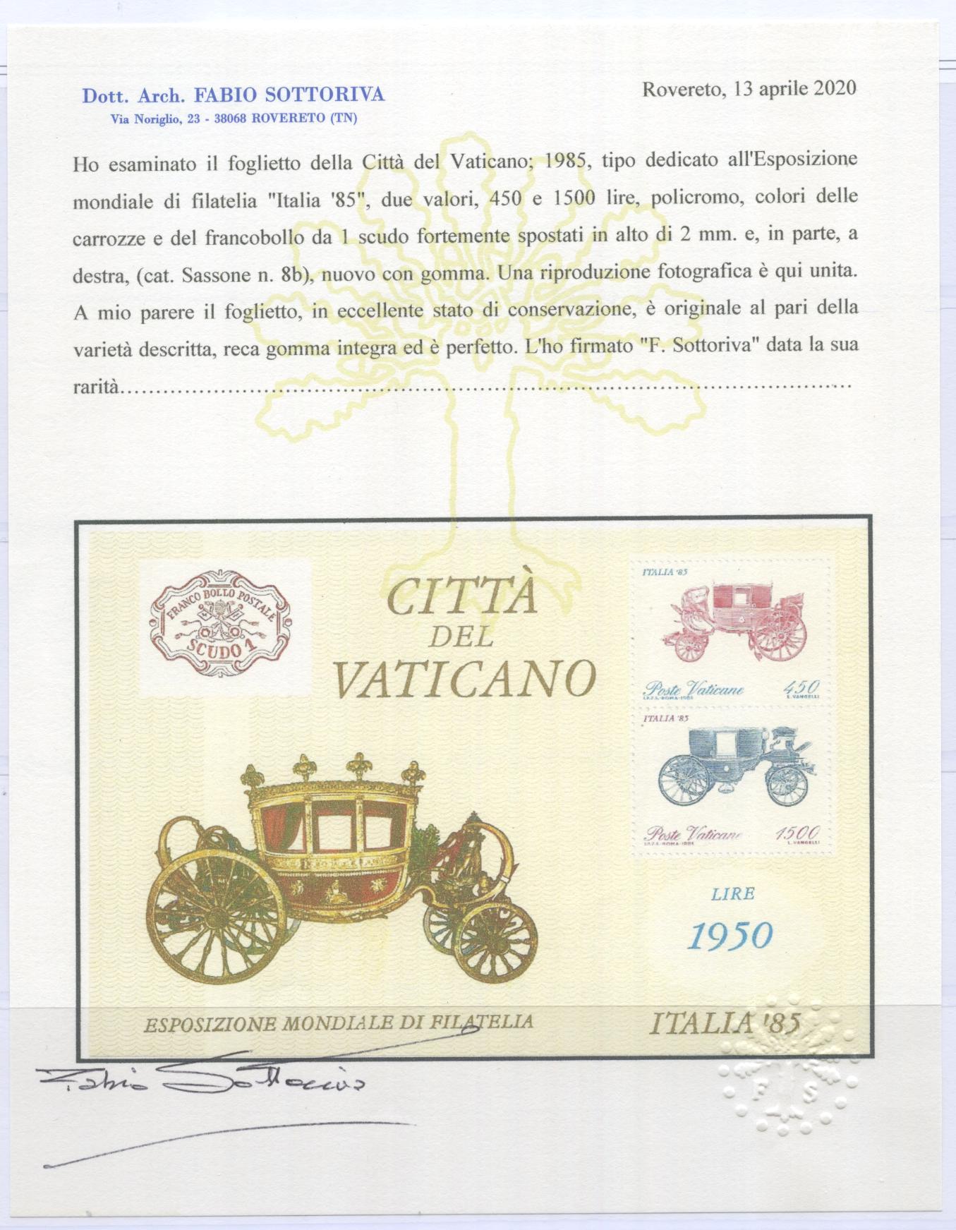 Scansione lotto: VATICANO 1985 BF VARIETA' 8b 2 **  CERT.