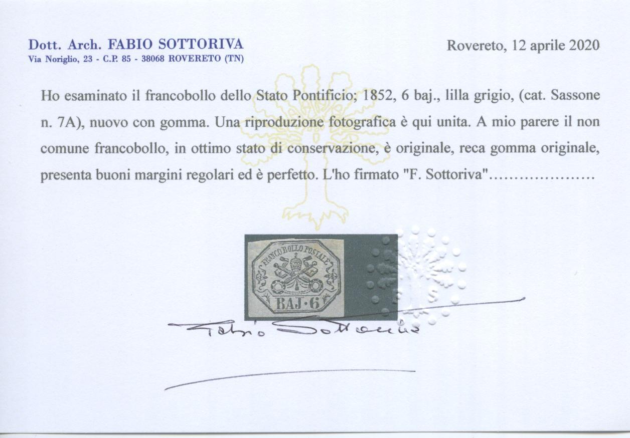 Scansione lotto: STATO PONTIFICIO 1852 6 BAJ LILLA GRIGIO *  CERT.