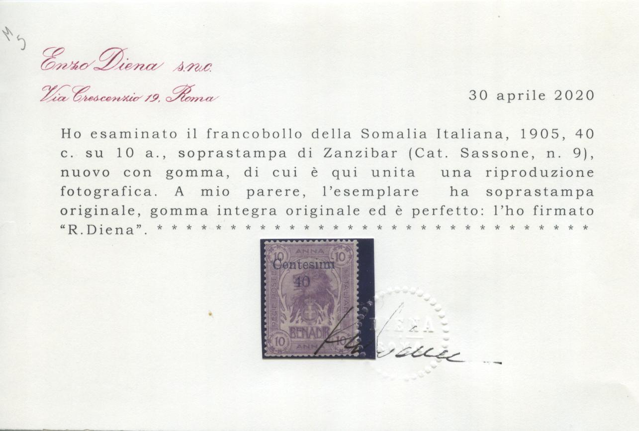 Scansione lotto: COLONIE SOMALIA 1905 ZANZIBAR N.9 ** CENTRATO CERT.