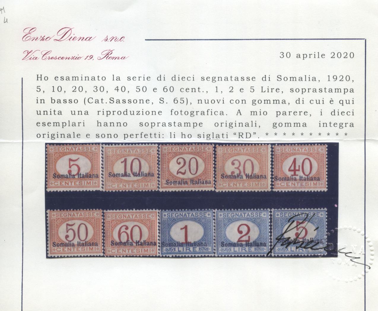 Scansione lotto: COLONIE SOMALIA 1920 TASSE 10V. ** CENTRATO CERT.