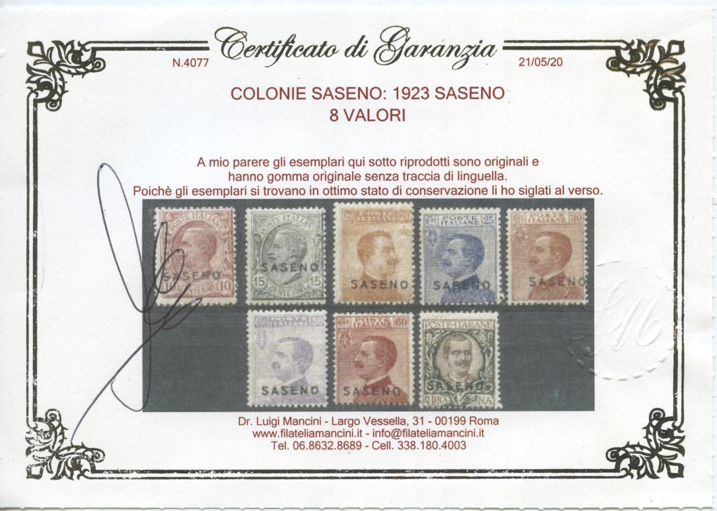 Scansione lotto: COLONIE SASENO 1923 SOVR. 8V. **  CERT.