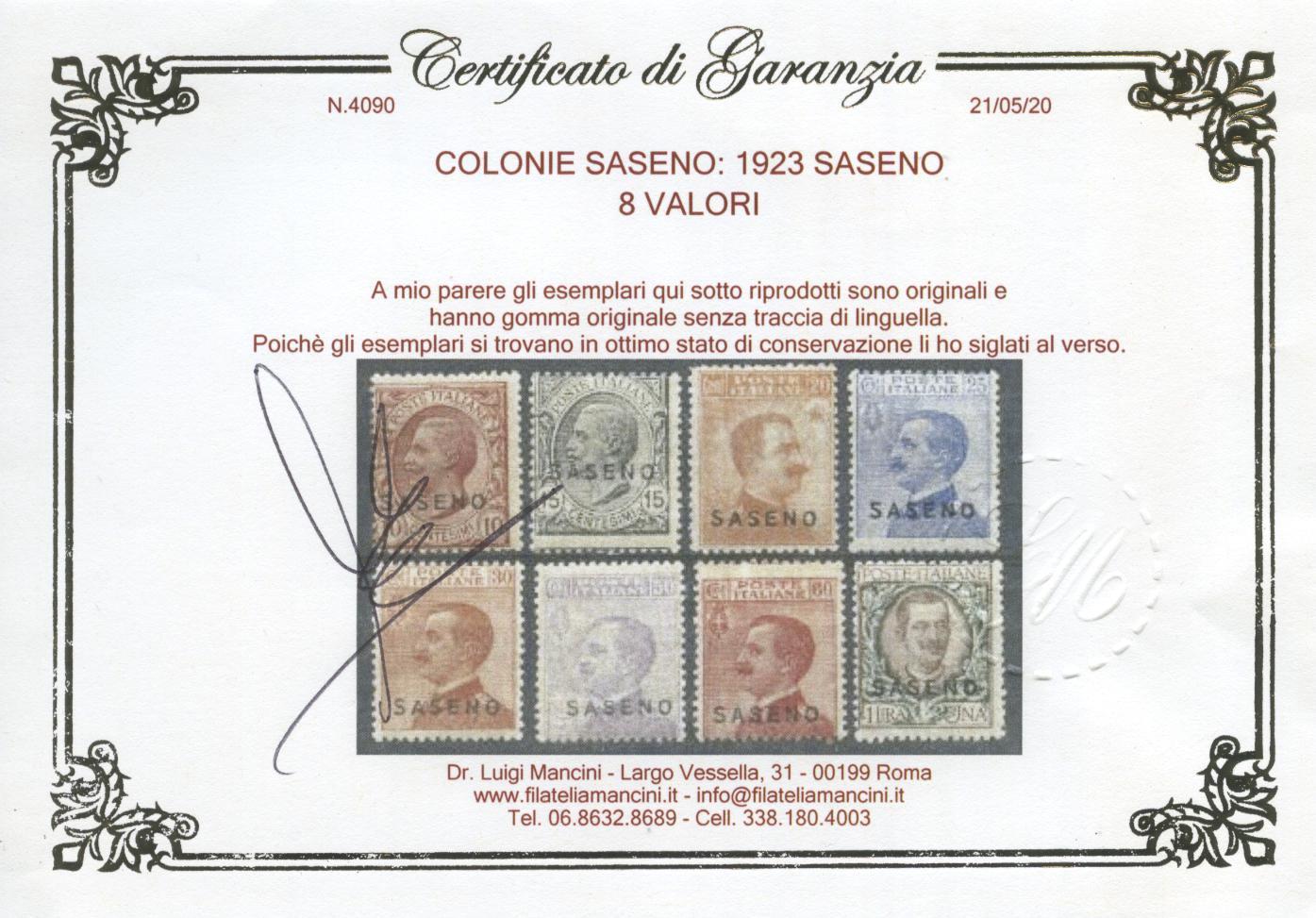 Scansione lotto: COLONIE SASENO 1923 SOVR. 8V. 5 **  CERT.