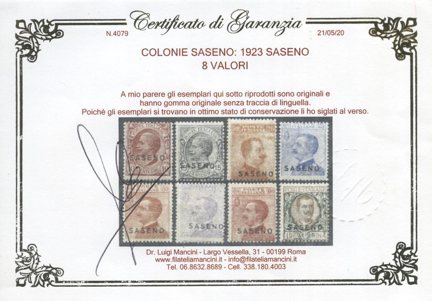 Scansione lotto: COLONIE SASENO 1923 SOVR. 8V. 4 **  CERT.
