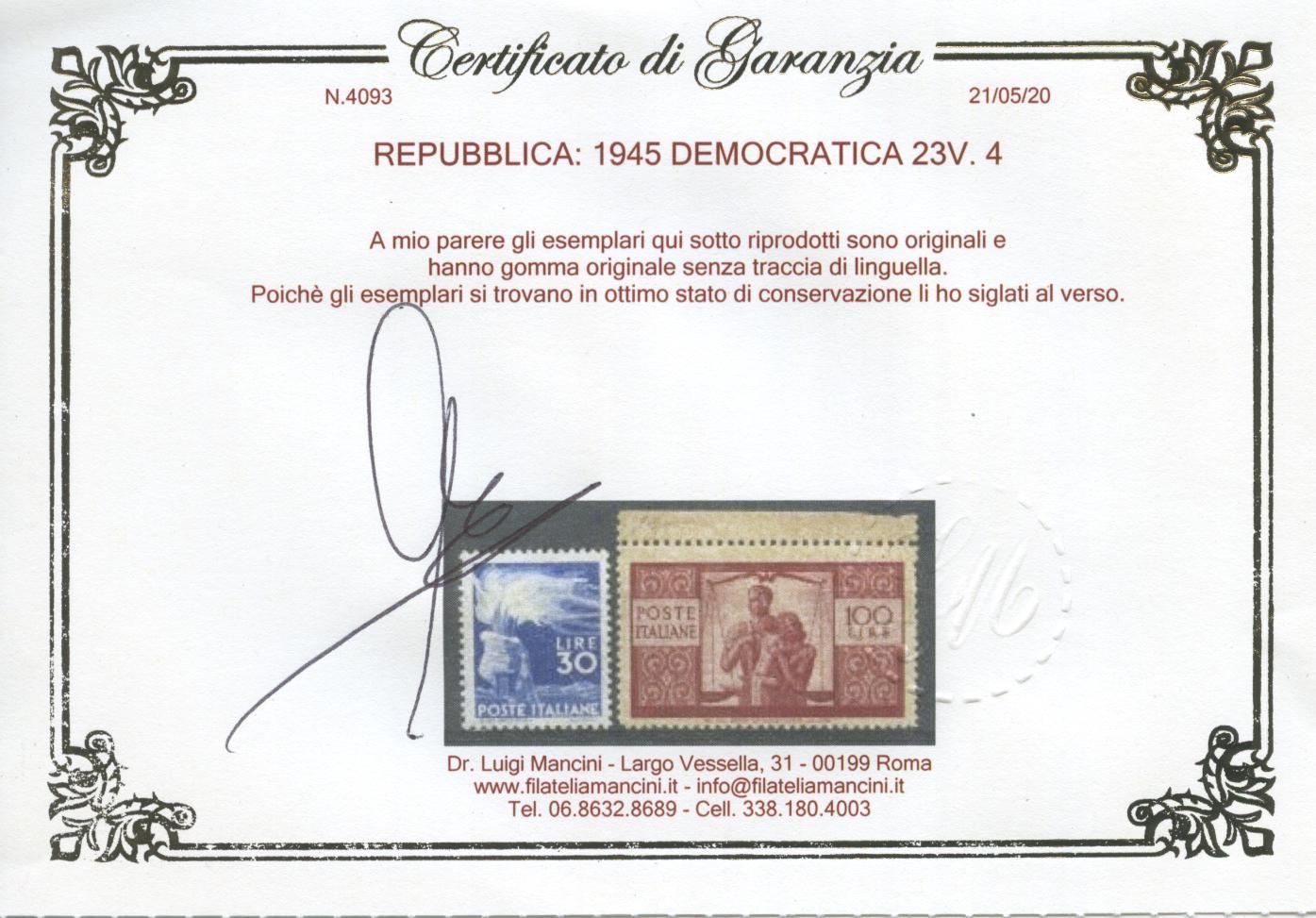 Scansione lotto: REPUBBLICA 1945 DEMOCRATICA 23V. 4 ** LUSSO CERT.