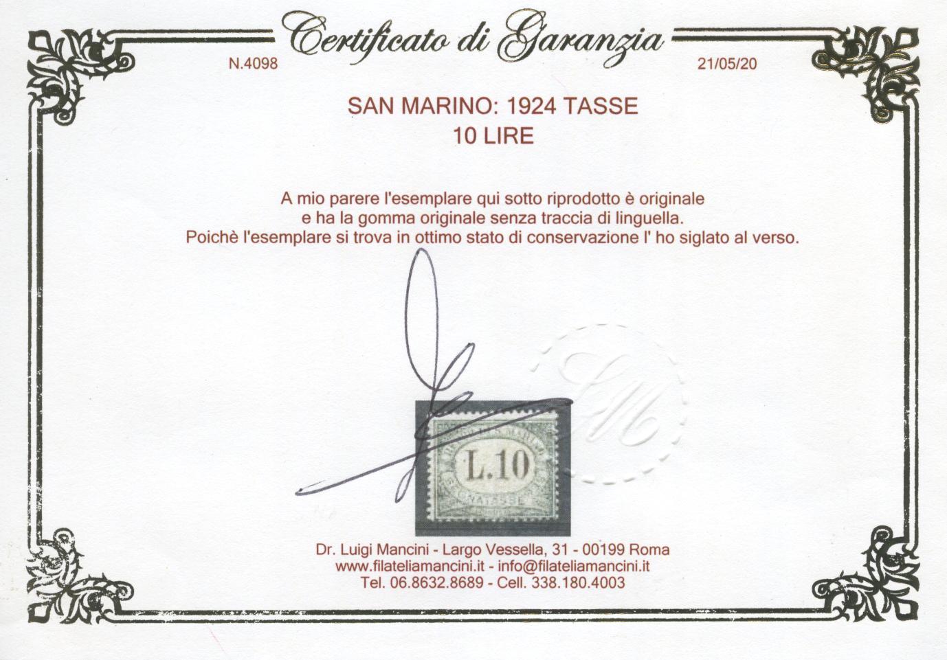 Scansione lotto: SAN MARINO 1924 TASSE RARA 9V. 4 **  CERT.