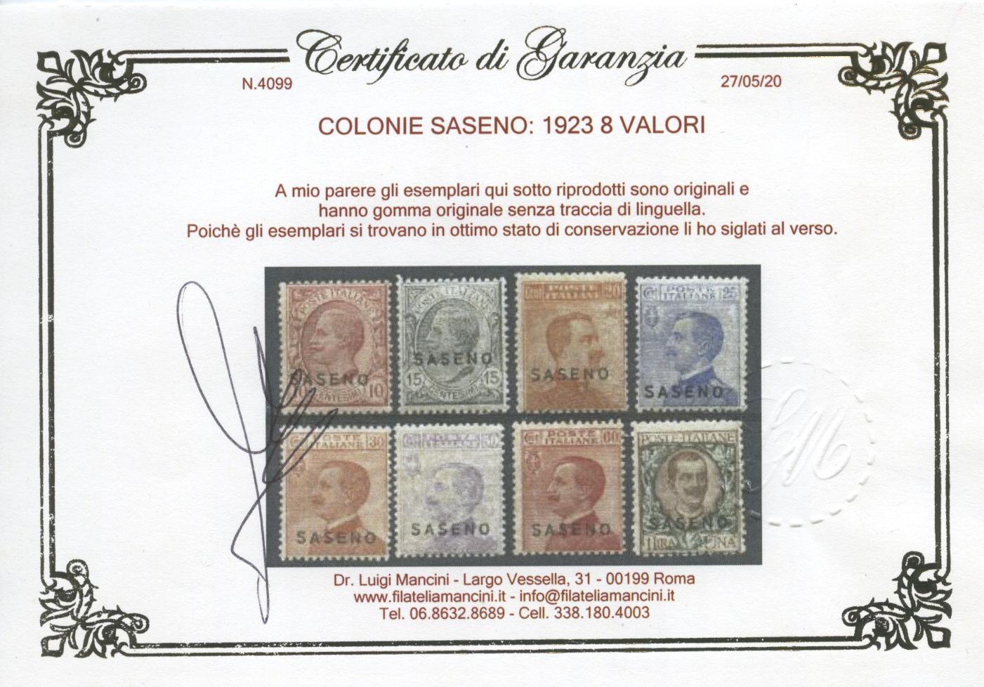 Scansione lotto: COLONIE SASENO 1923 SOVR. 8V. 3 ** CENTRATO CERT.