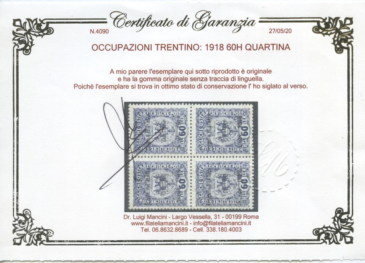 Scansione lotto: OCCUPAZIONI TRENTINO 1918 60H QUARTINA 3 ** LUSSO CERT.