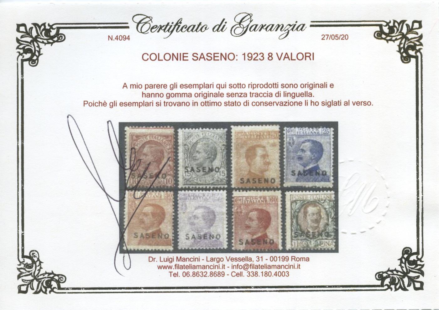 Scansione lotto: COLONIE SASENO 1923 SOVR. 8V. 6 **  CERT.