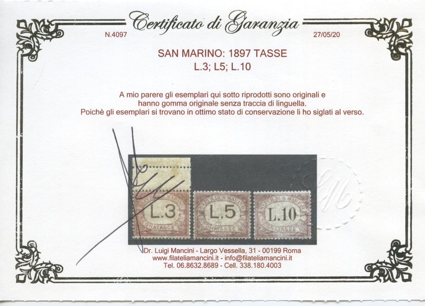 Scansione lotto: SAN MARINO 1897 TASSE 9V. 4 ** LUSSO CERT.