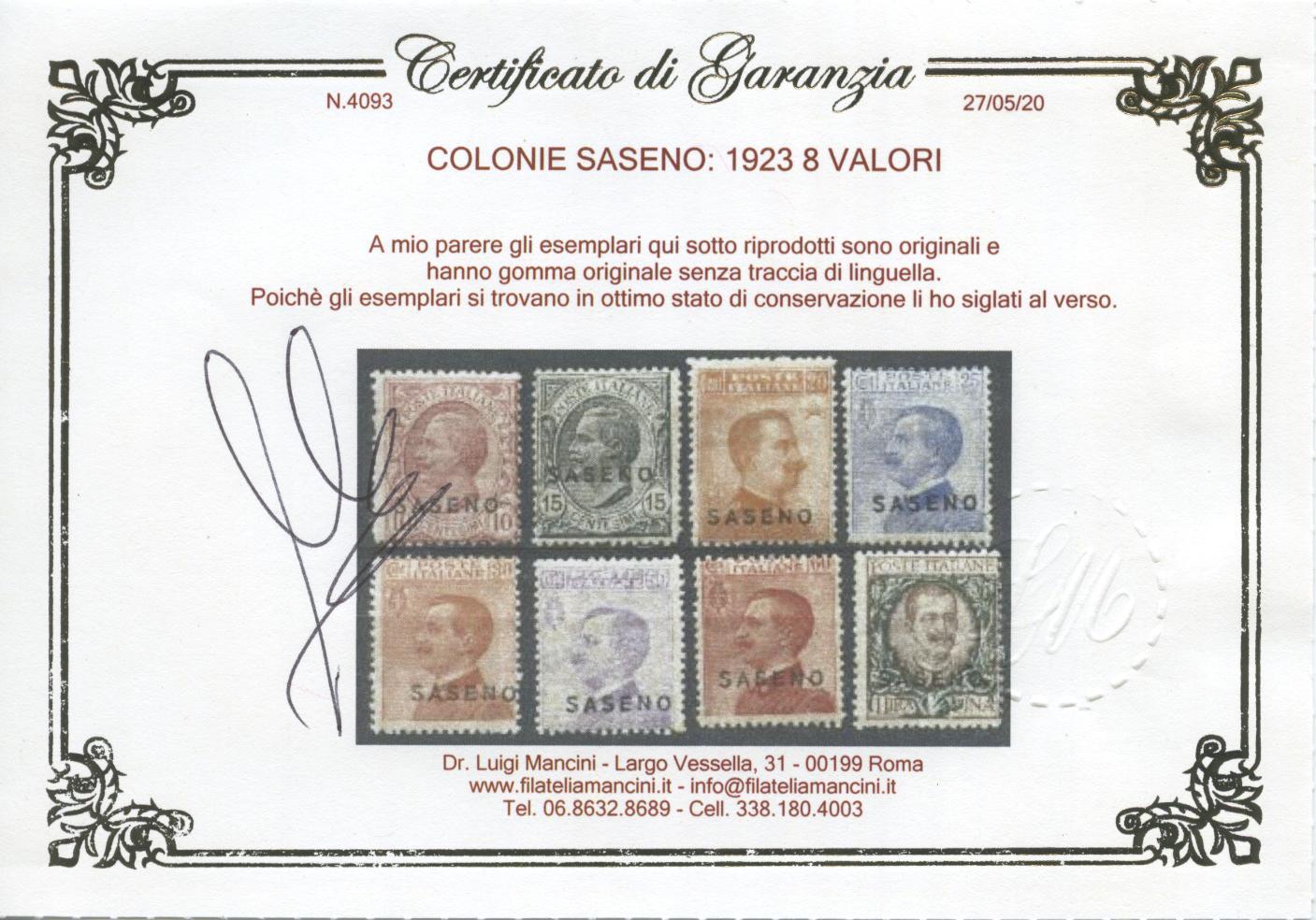 Scansione lotto: COLONIE SASENO 1923 SOVR. 8V. 3 **  CERT.