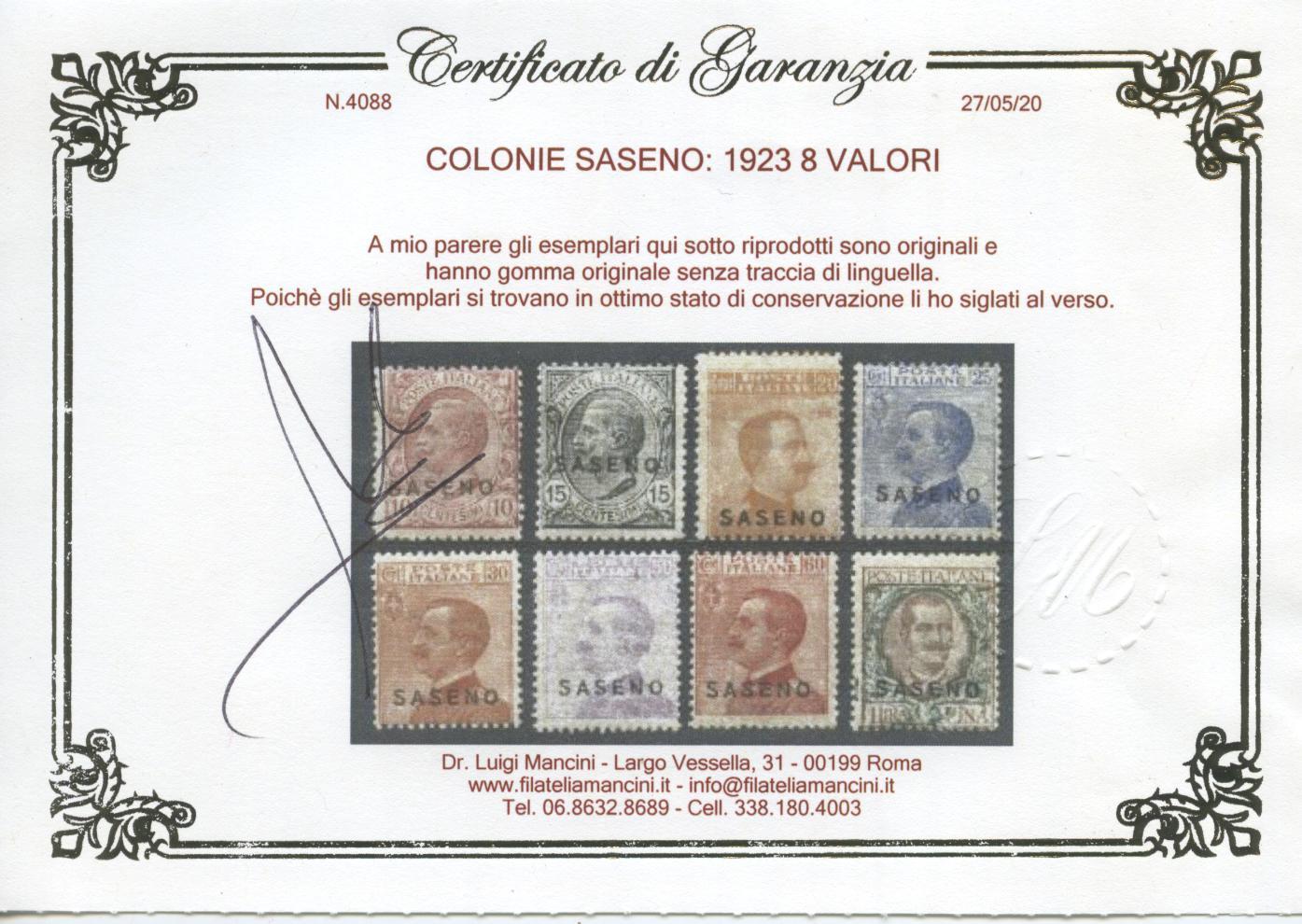 Scansione lotto: COLONIE SASENO 1923 SOVR. 8V. 2 **  CERT.