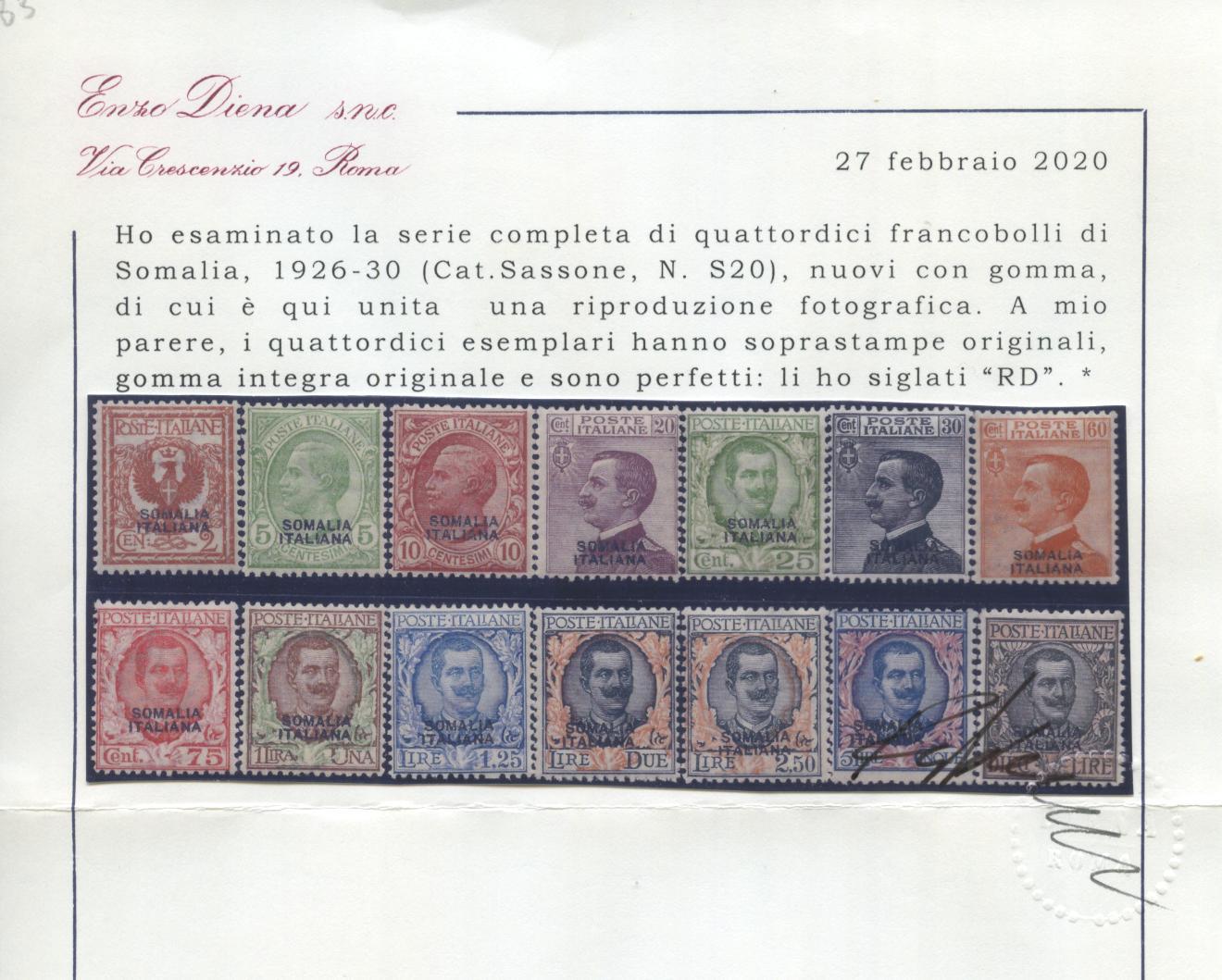 Scansione lotto: COLONIE SOMALIA 1926/30 SOVR. 14V. ** CENTRATO CERT.