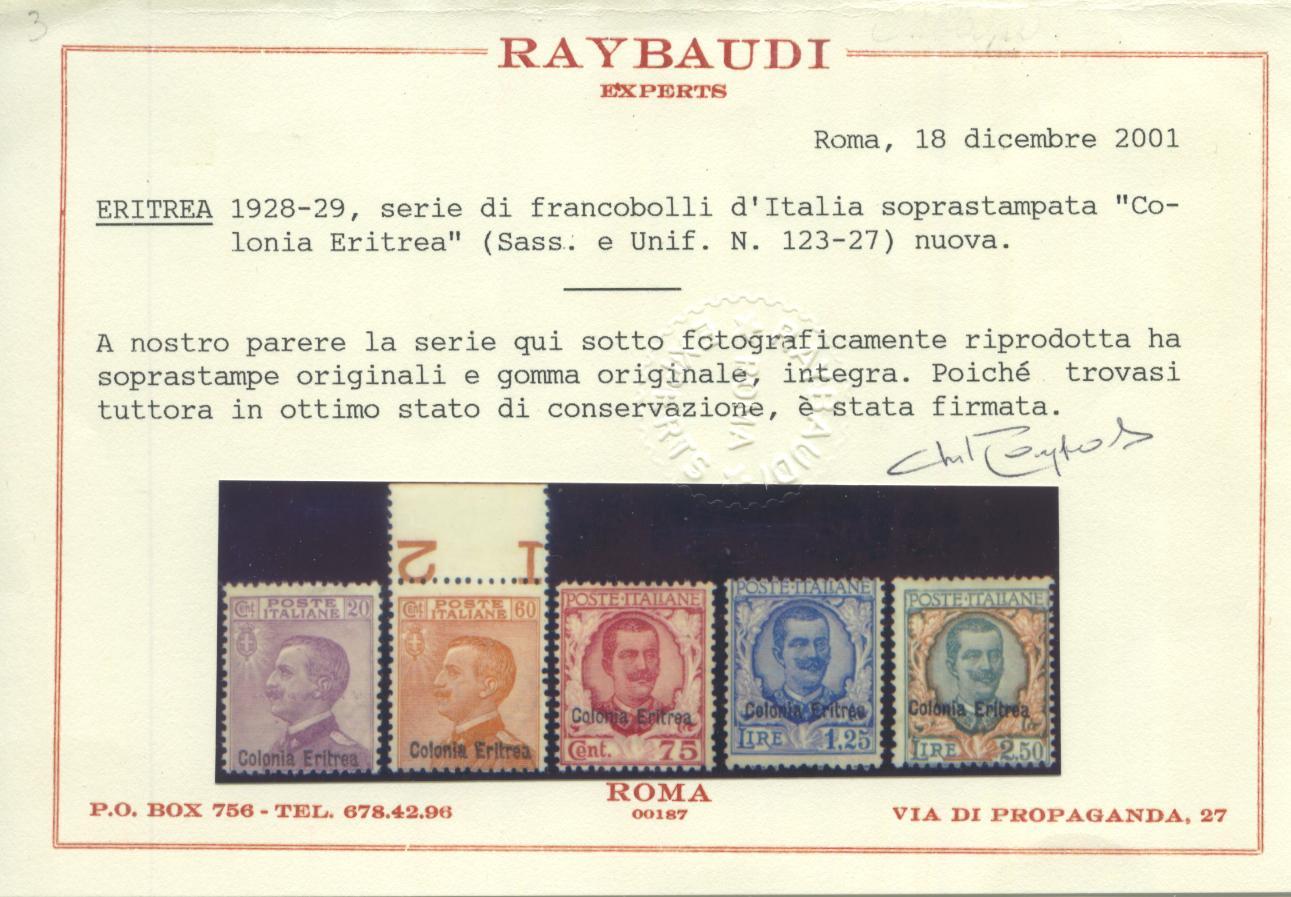 Scansione lotto: COLONIE ERITREA 1928/9 SOVR. 5V. ** CENTRATO CERT.