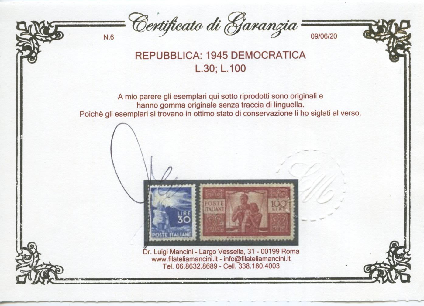 Scansione lotto: REPUBBLICA 1945 DEMOCRATICA 23V. 4 ** CENTRATO CERT.