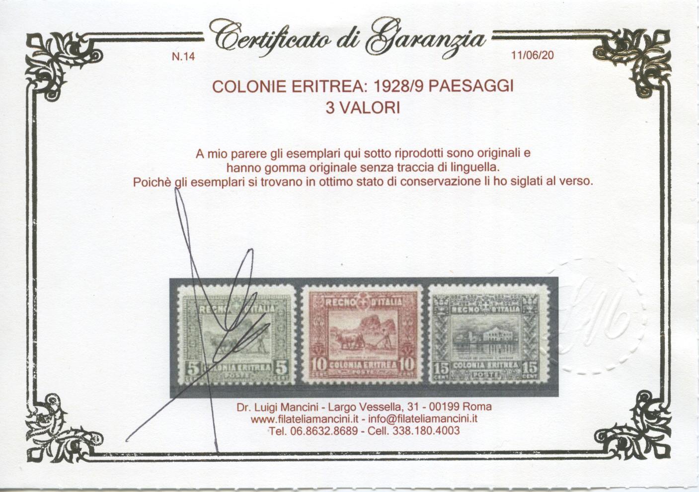 Scansione lotto: COLONIE ERITREA 1928/9 PAESAGGI 3V. **  CERT.