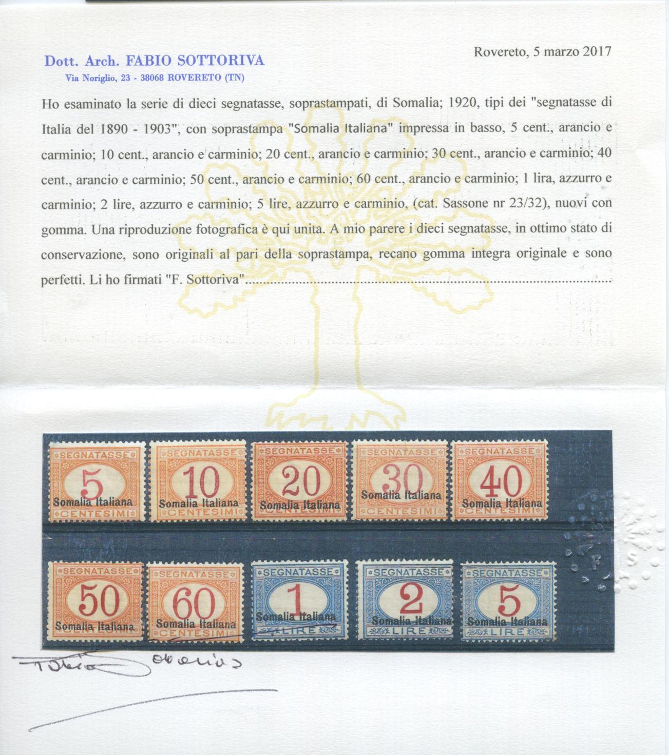 Scansione lotto: COLONIE SOMALIA 1920 TASSE 10V. **  CERT.