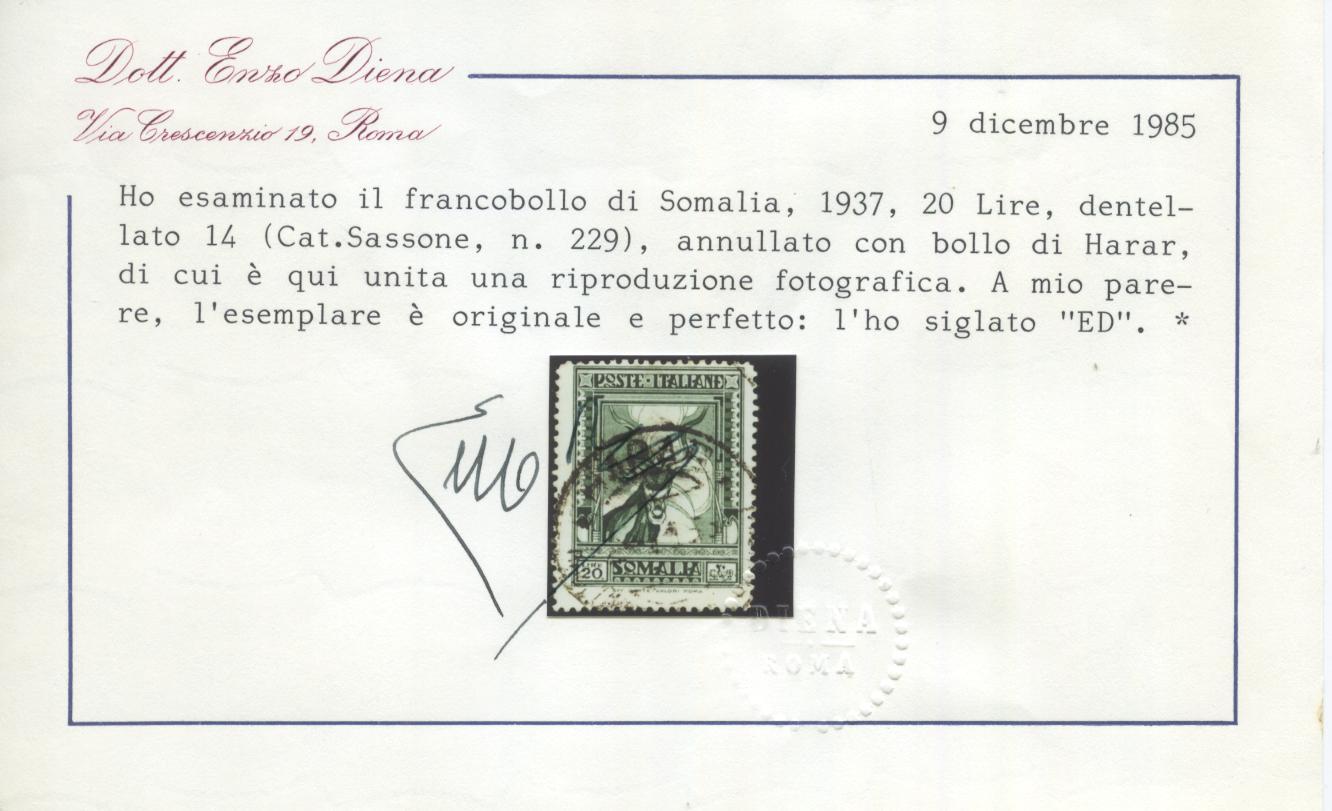 Scansione lotto: COLONIE SOMALIA 1935/8 PITTORICA L.20 US.  CERT.