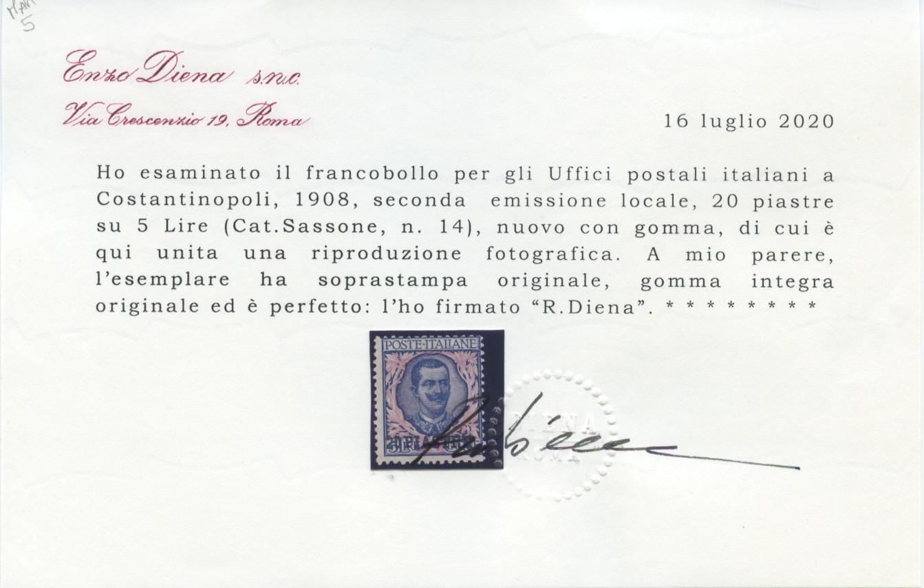 Scansione lotto: OCCUPAZIONI COSTANTINOPOLI 1908 N.14 2 **  CERT.