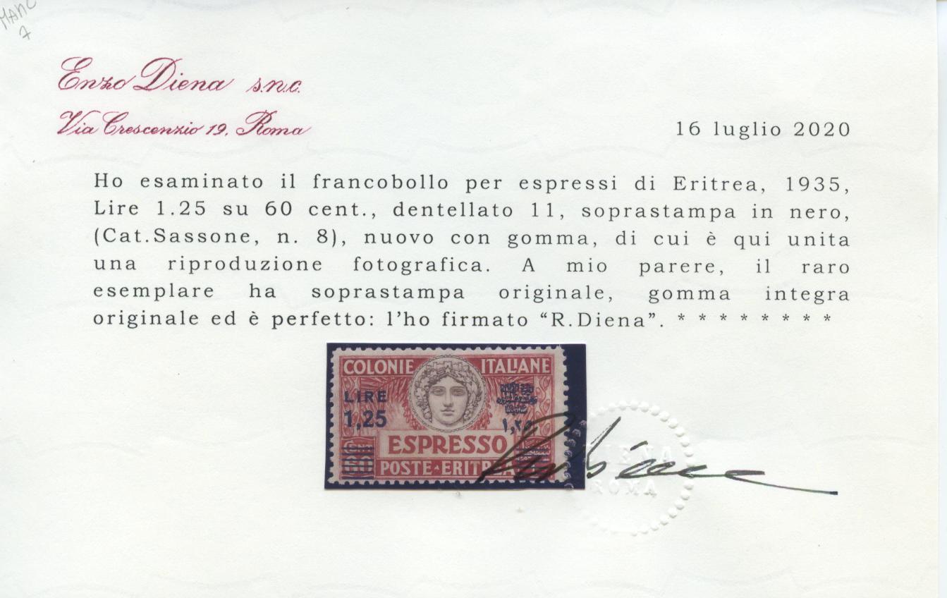 Scansione lotto: COLONIE ERITREA 1935 ESPRESSO N.8 ** CENTRATO CERT.