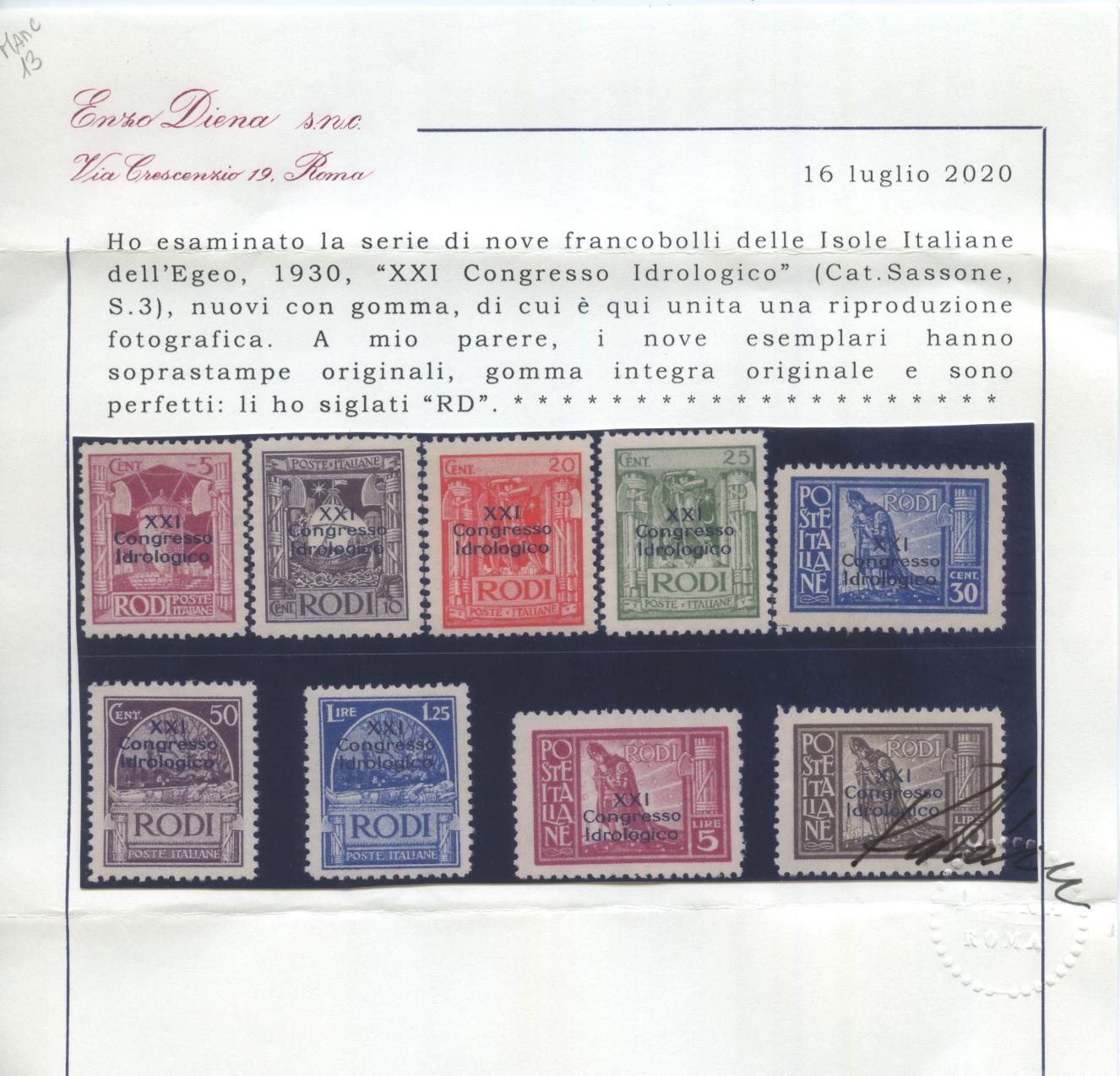 Scansione lotto: COLONIE EGEO 1930 IDROLOGICO 9V. 2 ** LUSSO CERT.