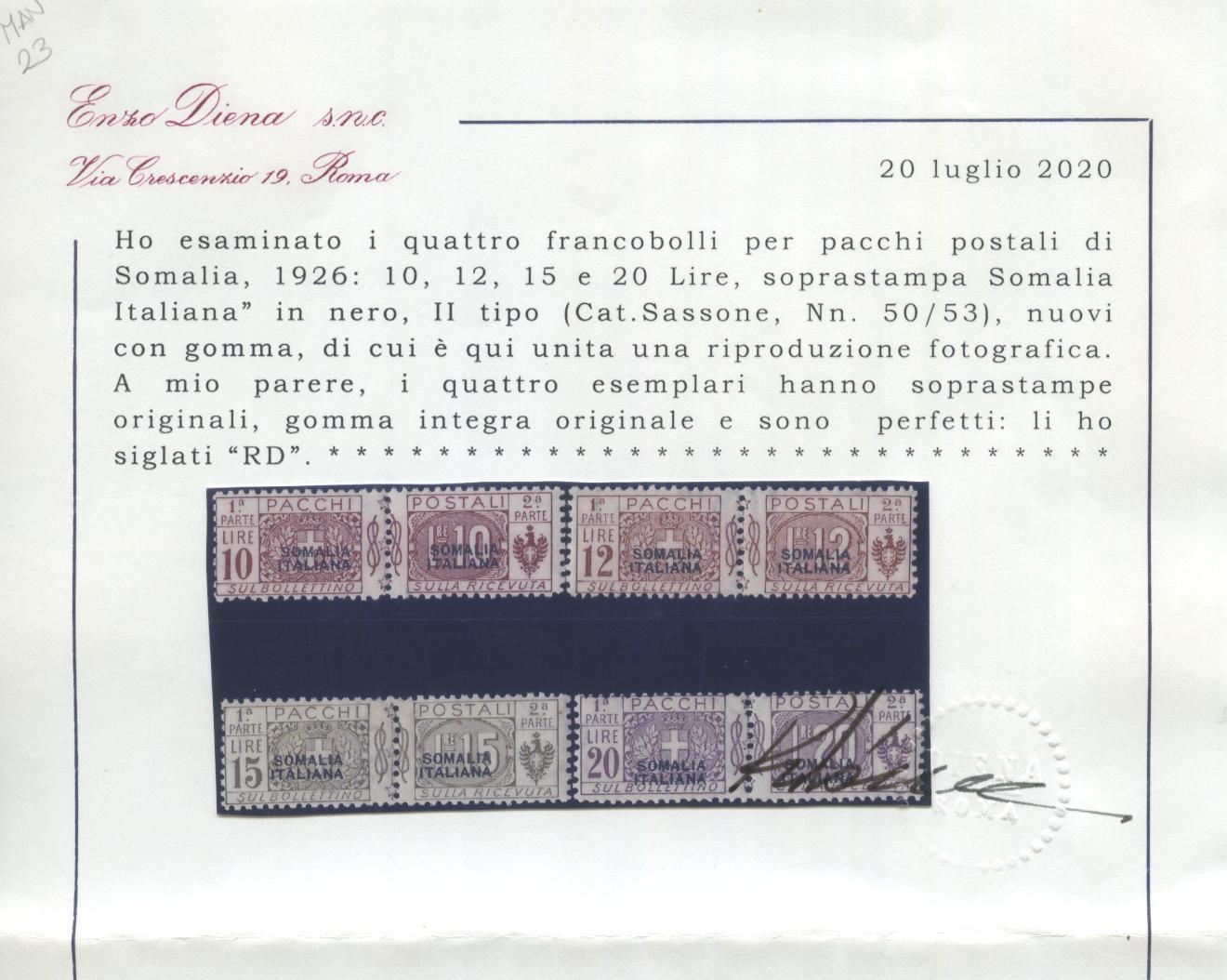 Scansione lotto: COLONIE SOMALIA 1926 PACCHI 4V. ** CENTRATO CERT.