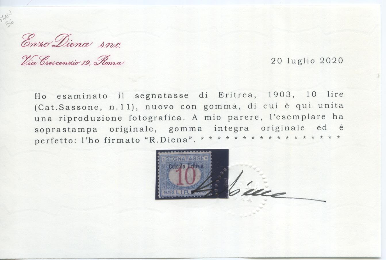Scansione lotto: COLONIE ERITREA 1903 TASSE 11V. ** CENTRATO CERT.