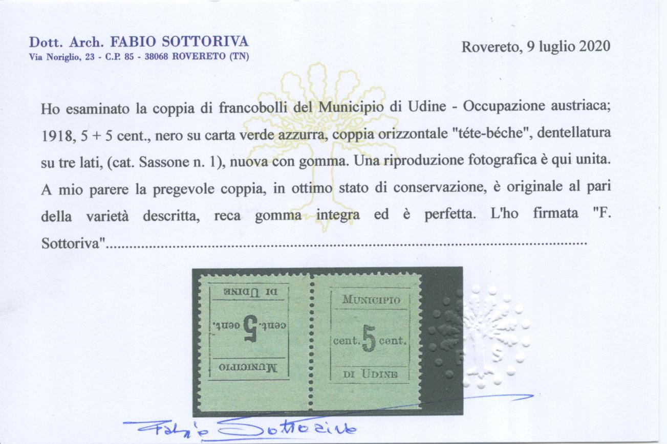 Scansione lotto: OCCUPAZIONI AUSTRIACA 1918 UDINE TETE-BECHE **  CERT.