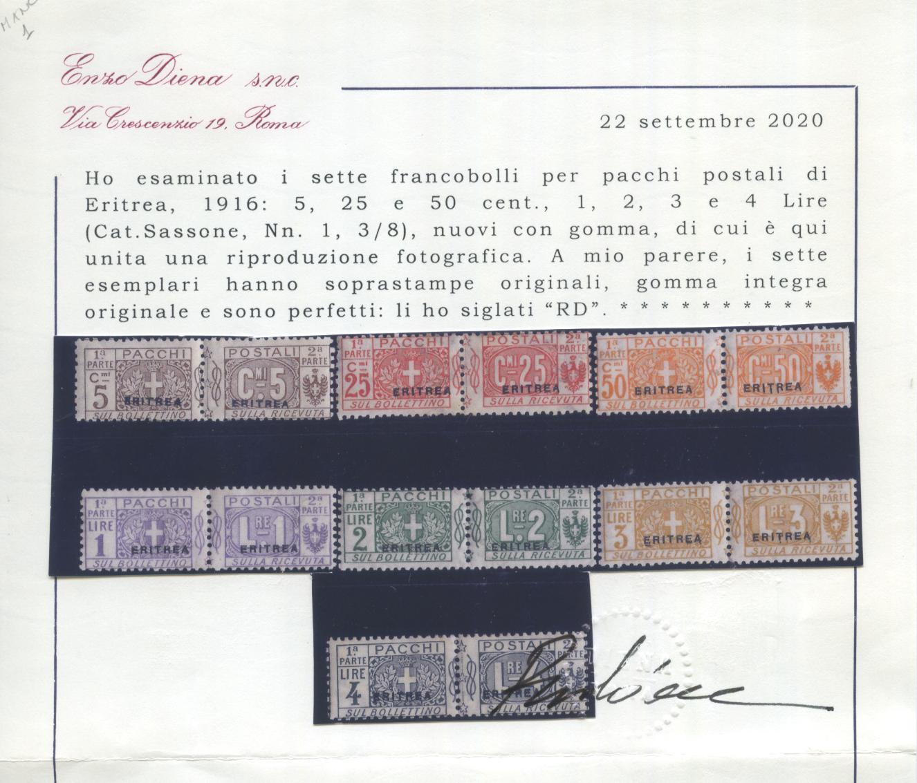 Scansione lotto: COLONIE ERITREA 1916 PACCHI 7V. **  CERT.