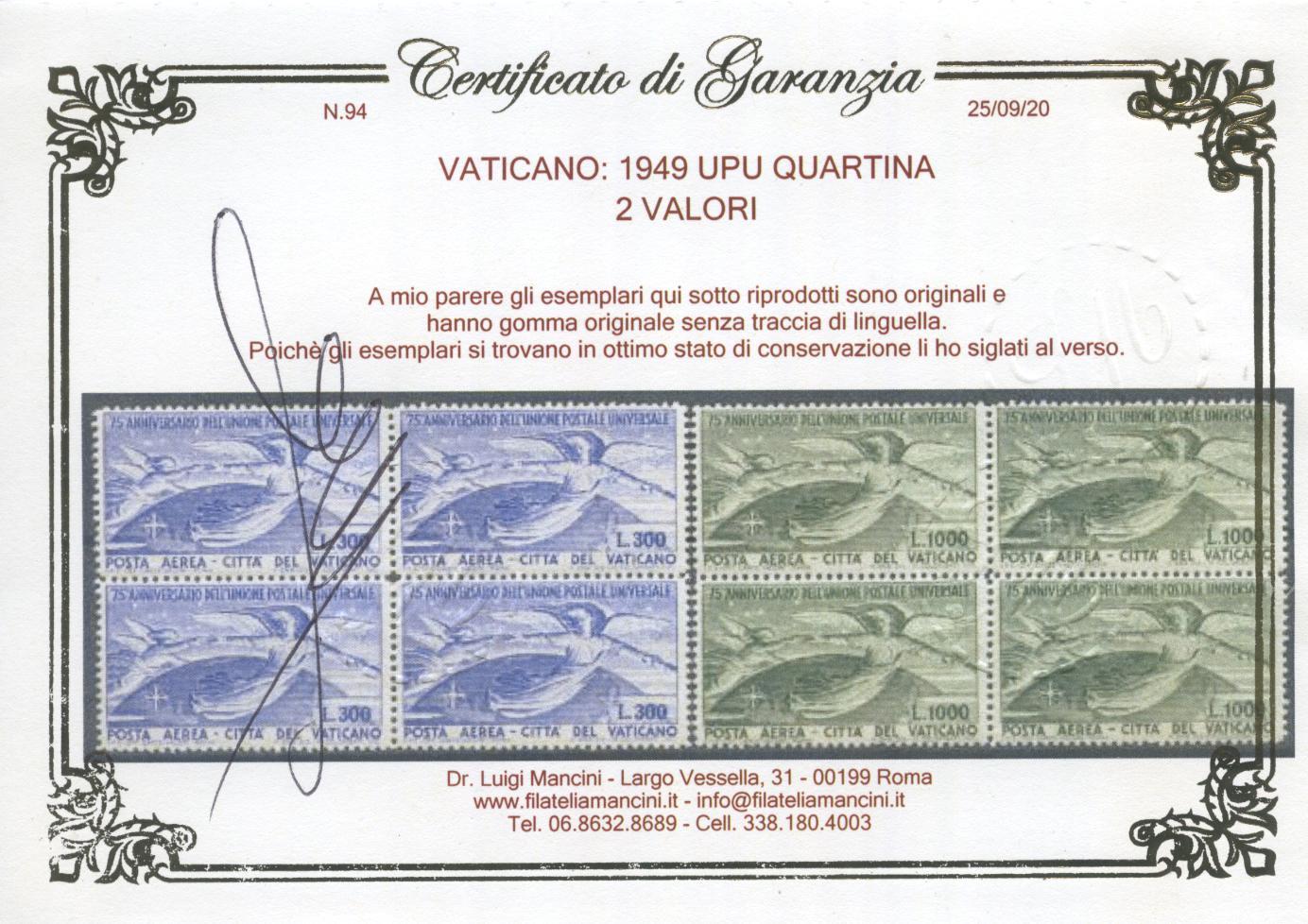 Scansione lotto: VATICANO 1949 UPU 2V. QUARTINA ** LUSSO CERT.