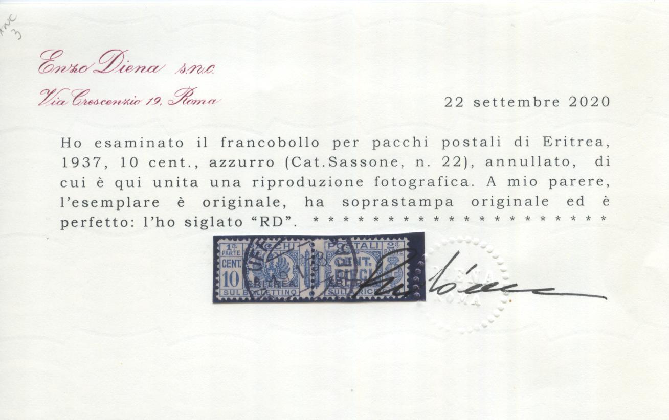 Scansione lotto: COLONIE ERITREA 1927/37 PACCHI C.10 US. CENTRATO CERT.