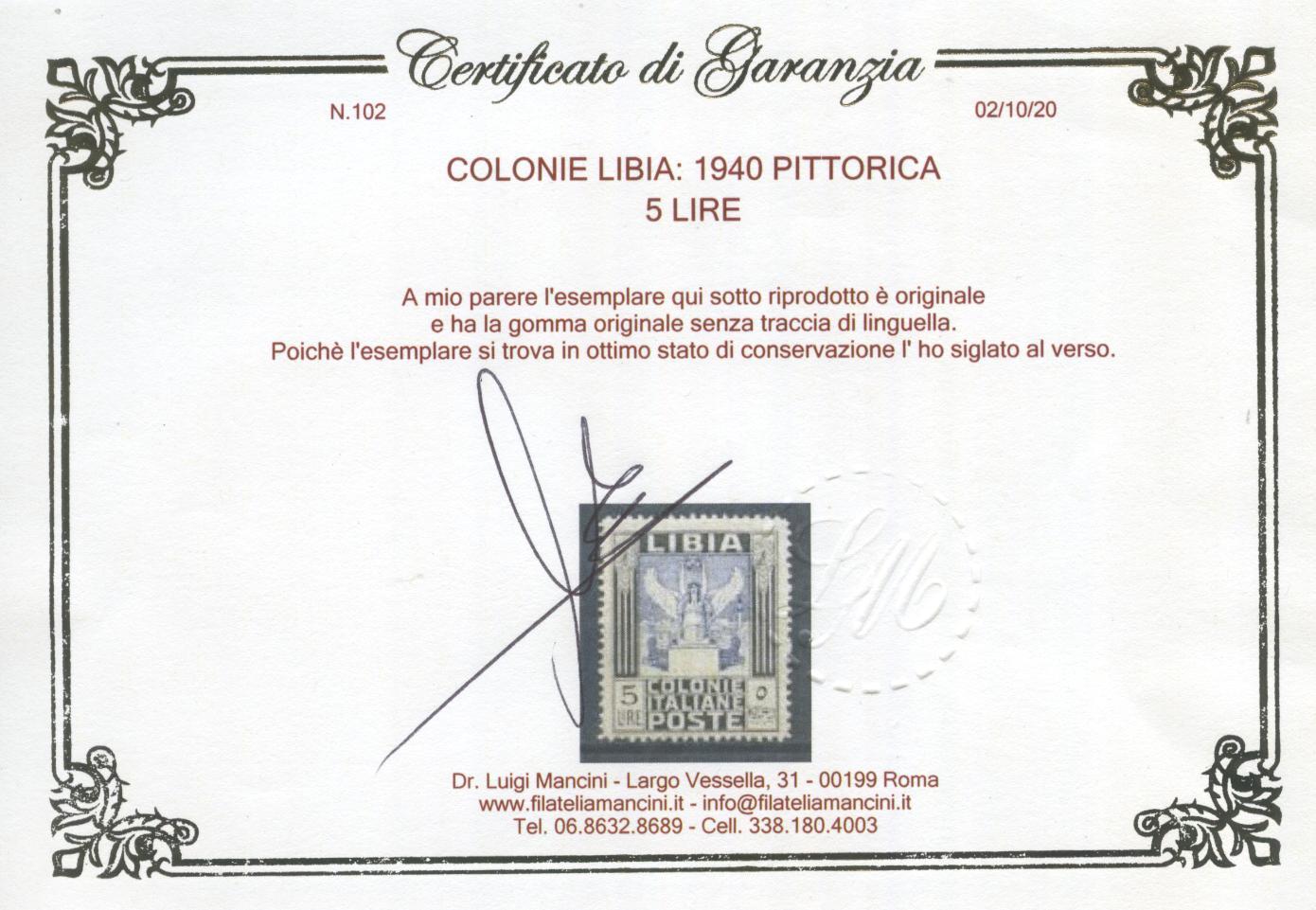 Scansione lotto: COLONIE LIBIA 1940 PITTORICA L.5 2 ** CENTRATO CERT.