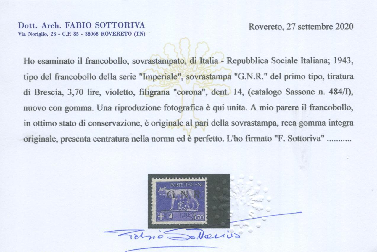 Scansione lotto: RSI E LUOGOTENENZA 1943 L.3,70 BRESCIA **  CERT.