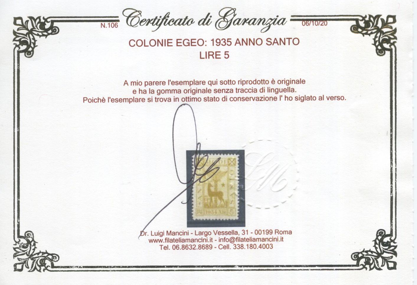Scansione lotto: COLONIE EGEO 1935 ANNO SANTO 8V. ** CENTRATO CERT.
