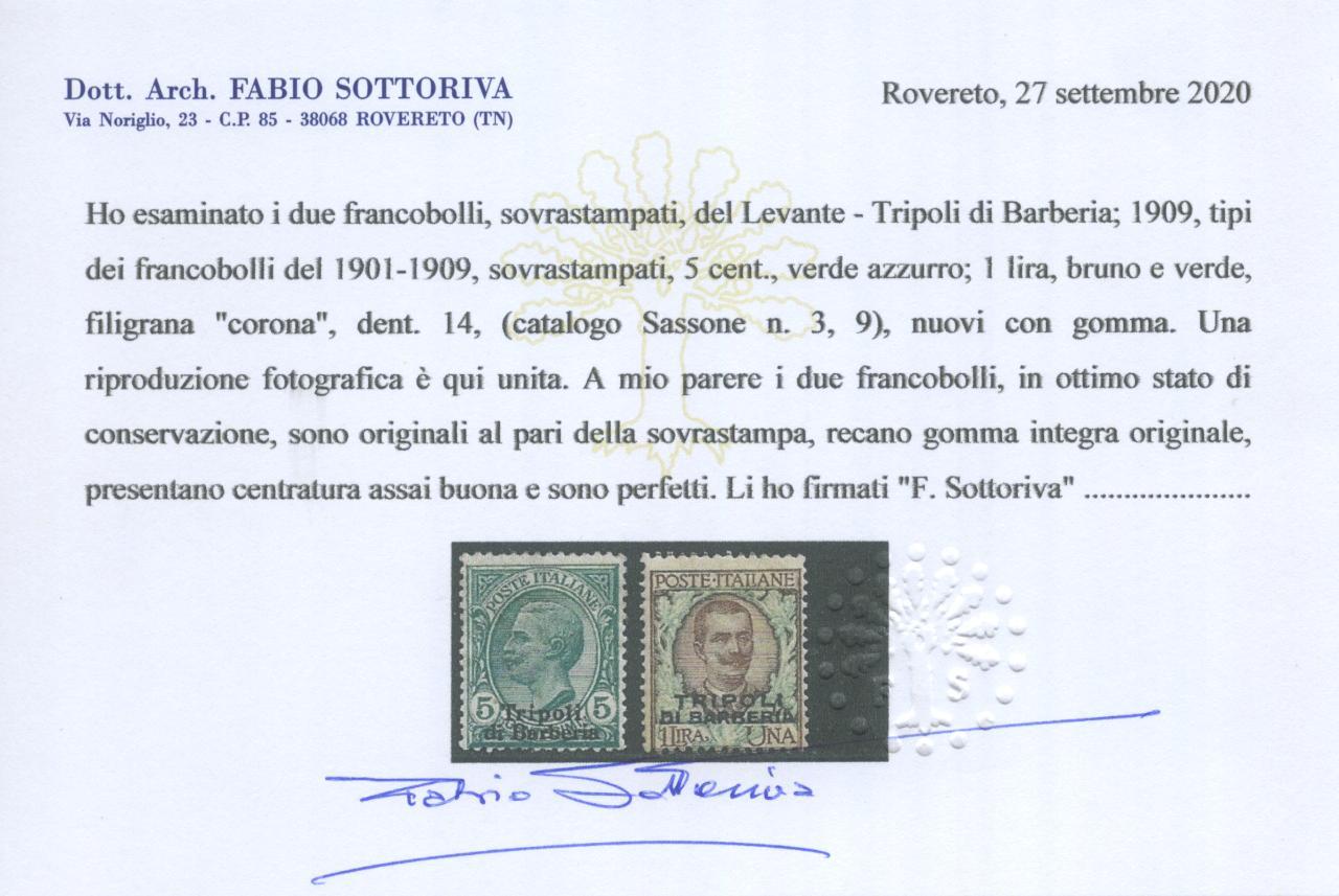 Scansione lotto: OCCUPAZIONI TRIPOLI DI BARBERIA 1909 10V. 2 **  CERT.