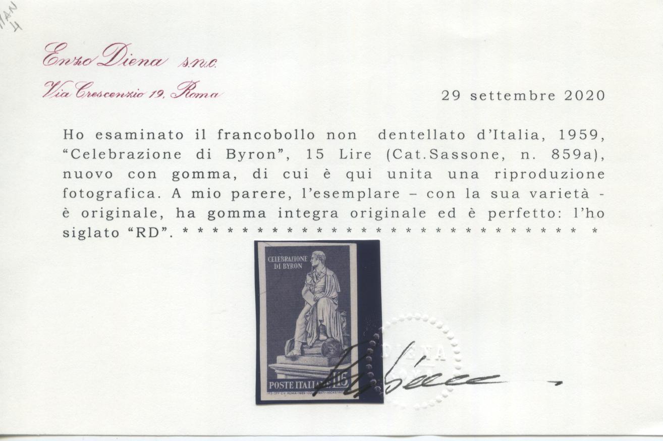 Scansione lotto: REPUBBLICA 1959 BYRON NON DENTELATO 2 ** LUSSO CERT.