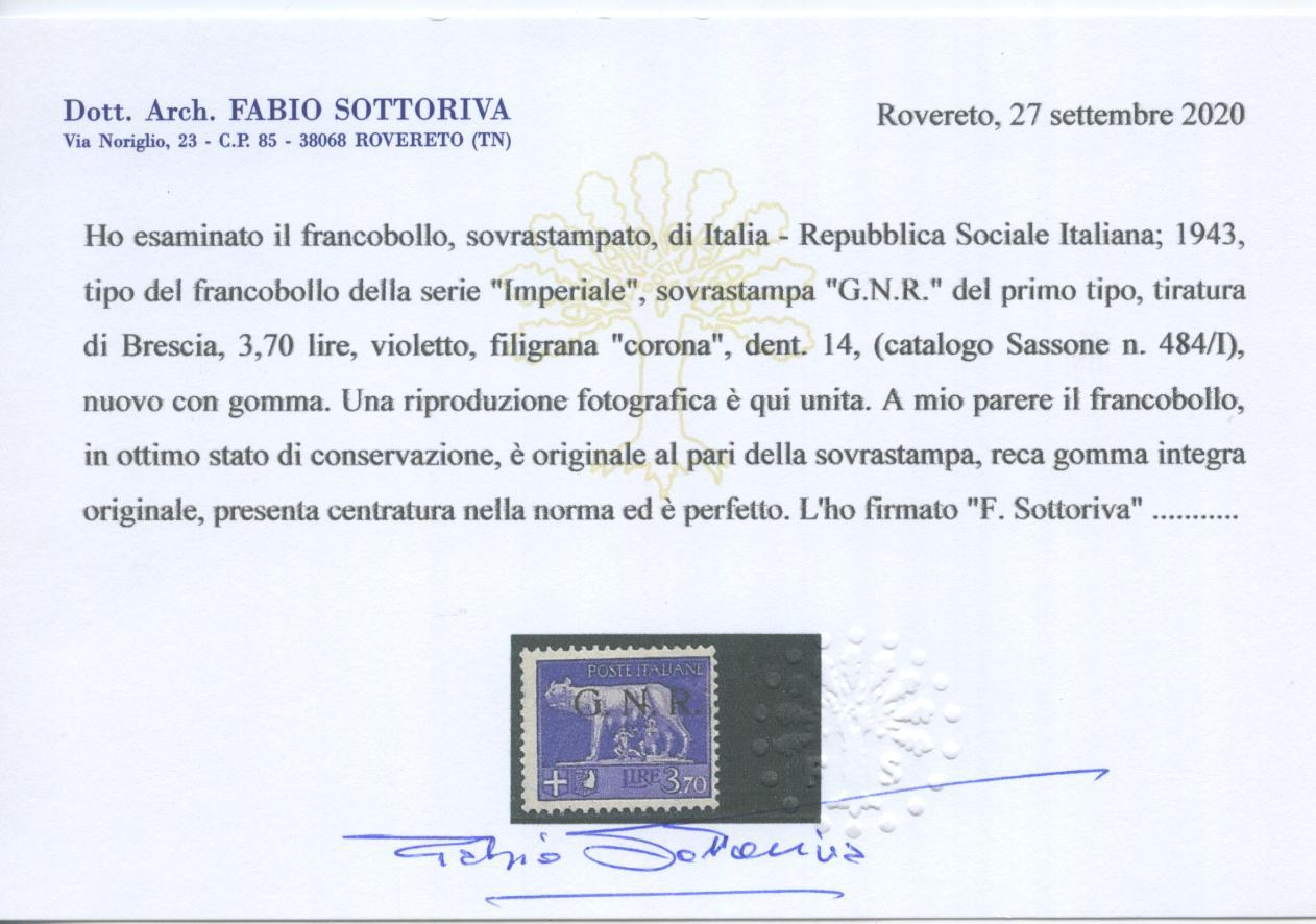 Scansione lotto: RSI E LUOGOTENENZA 1944 L.3,70 BRESCIA 2 **  CERT.