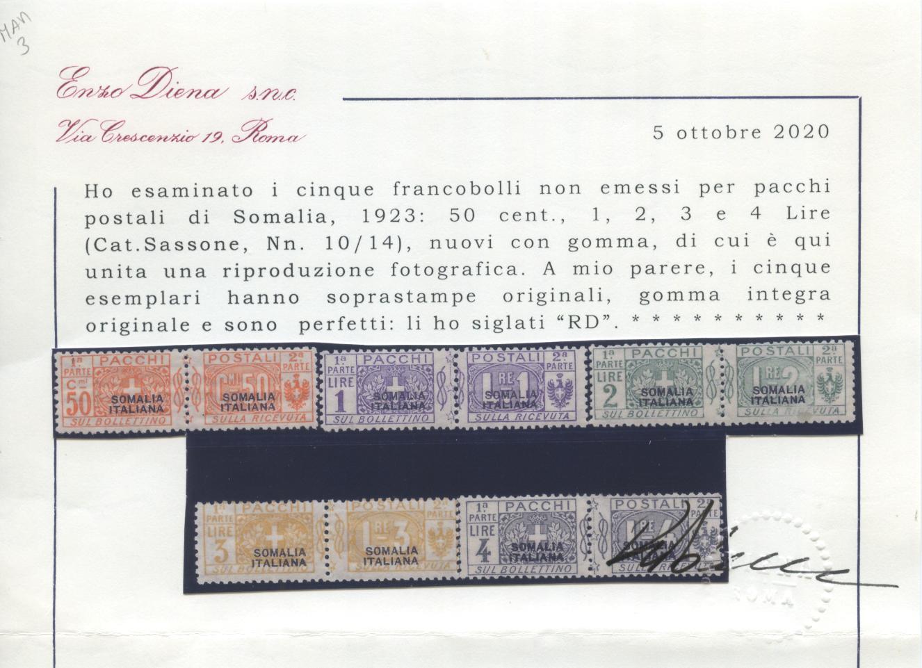 Scansione lotto: COLONIE SOMALIA 1923 PACCHI 5V. ** LUSSO CERT.